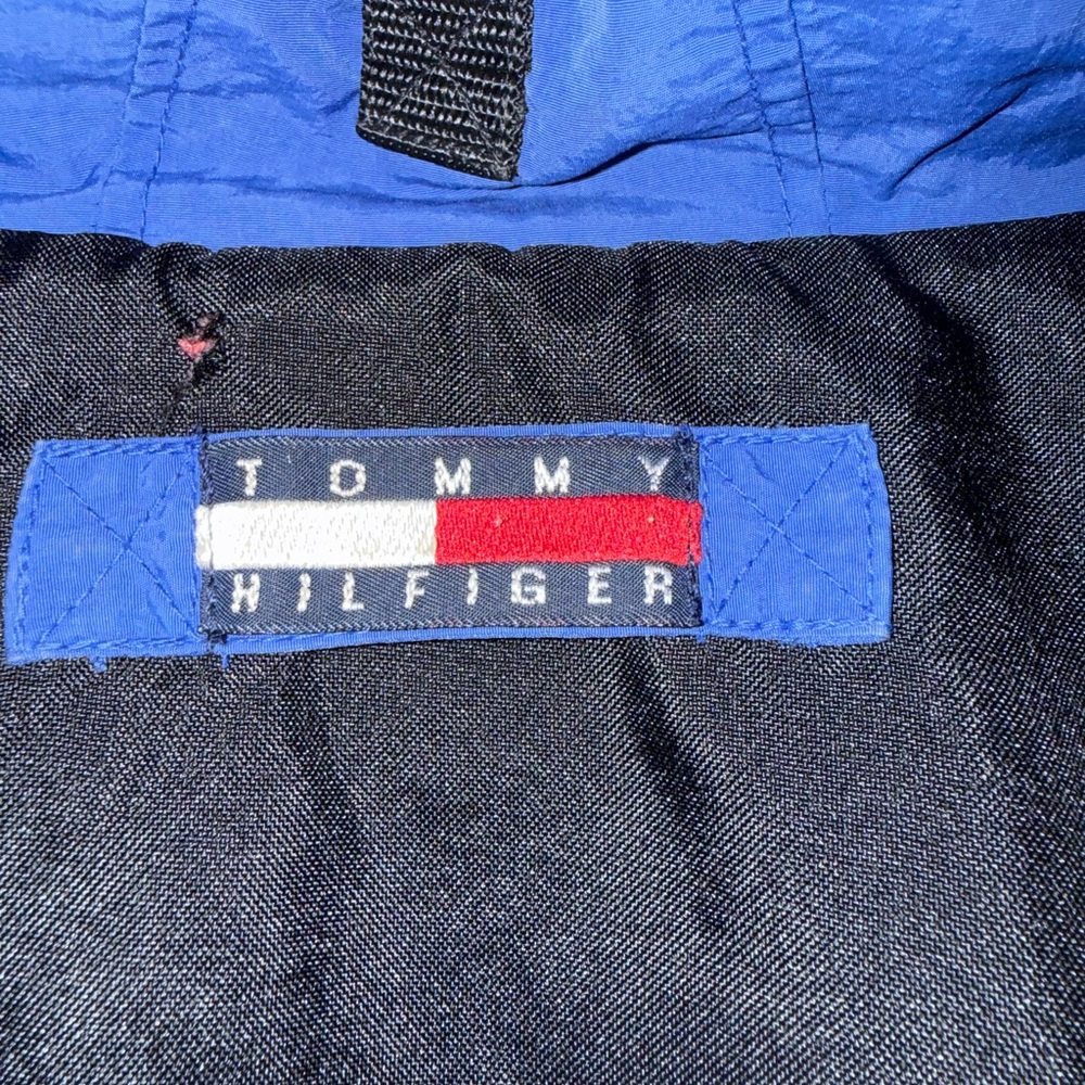 VTG 90s Tommy Hilfiger Jacket XL Colorblock Spell Out Flag Hooded Fleece Lined - Picture 4 of 10